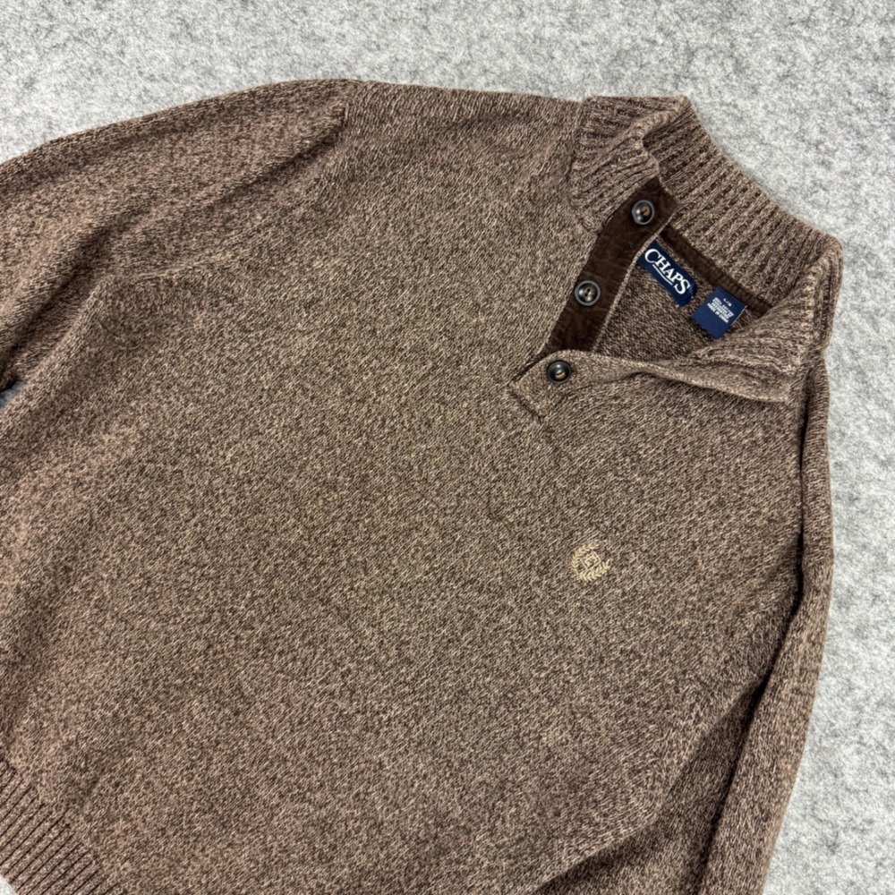 Chaps Mens Dark Academia Cotton Mock Neck‎ Button Sweater Elbow Patches Large